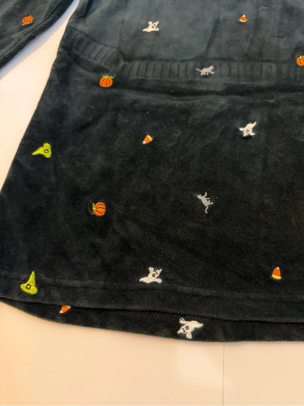 Girls' Dark black Velvet Halloween Dress Embroidered Pumpkins & Ghosts whimsical